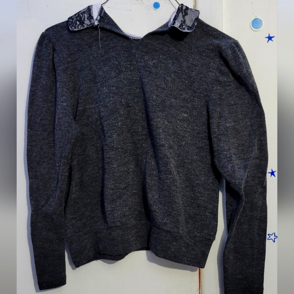 Zara Gray Stretch Long Sleeve Lace Collar Pullover Top Dark Gray Size Medium